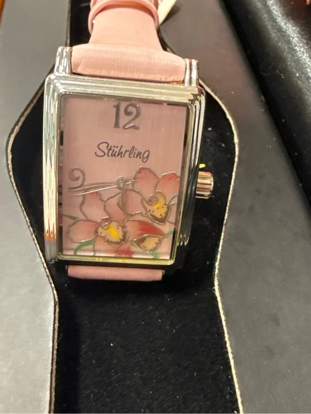 Stuhrling Original Pink Floral Rectangular Watch with Silver Case